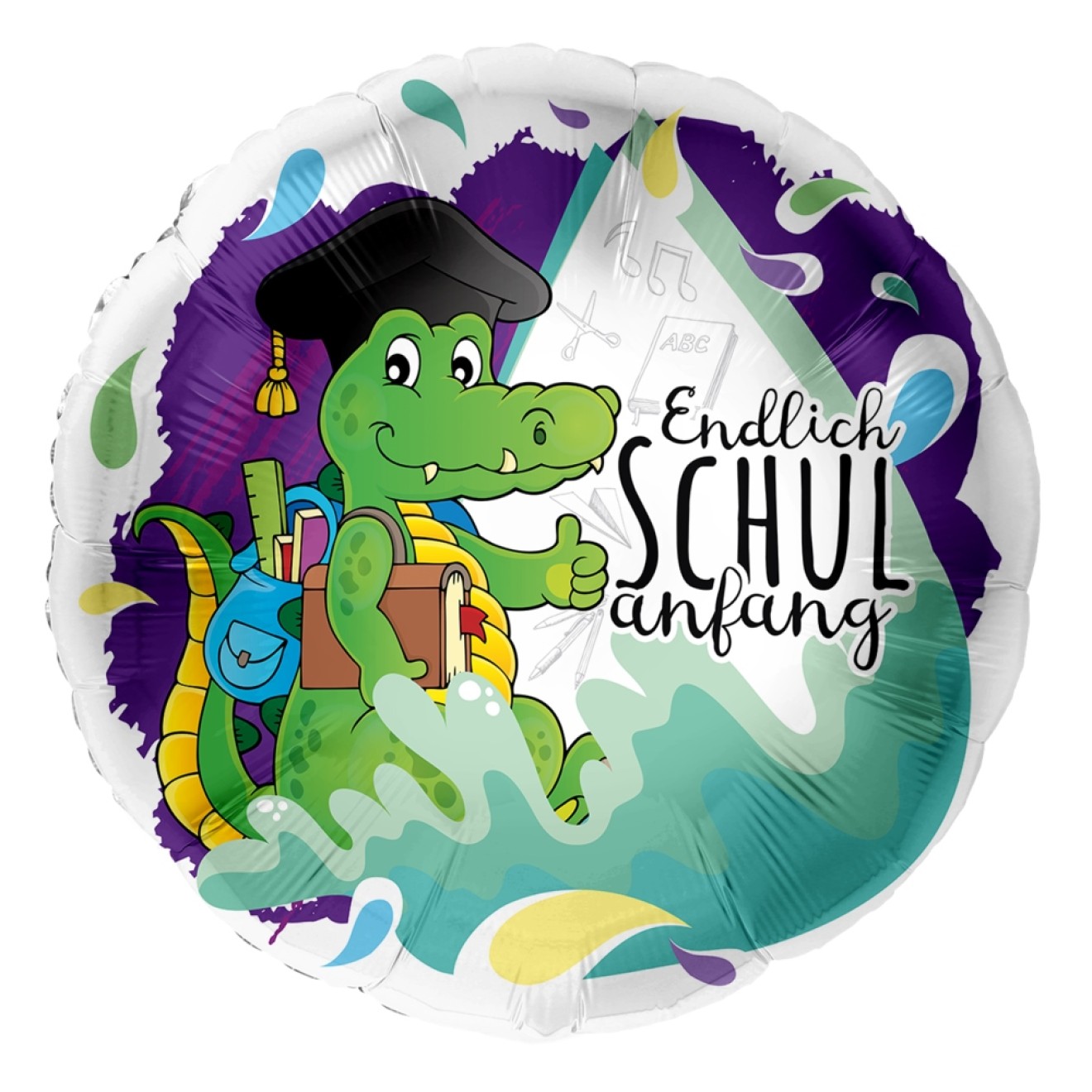 Folienballons Schulanfang - Endlich Schulanfang (Krokodil) Ø 45 cm