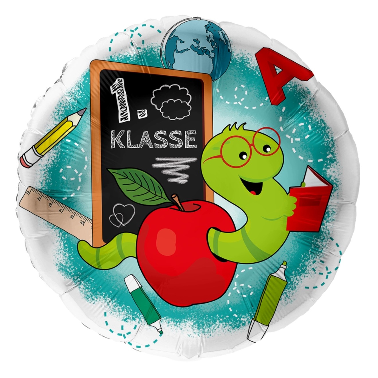 Folienballons Schulanfang - 1. Klasse Bücherwurm Ø 45 cm