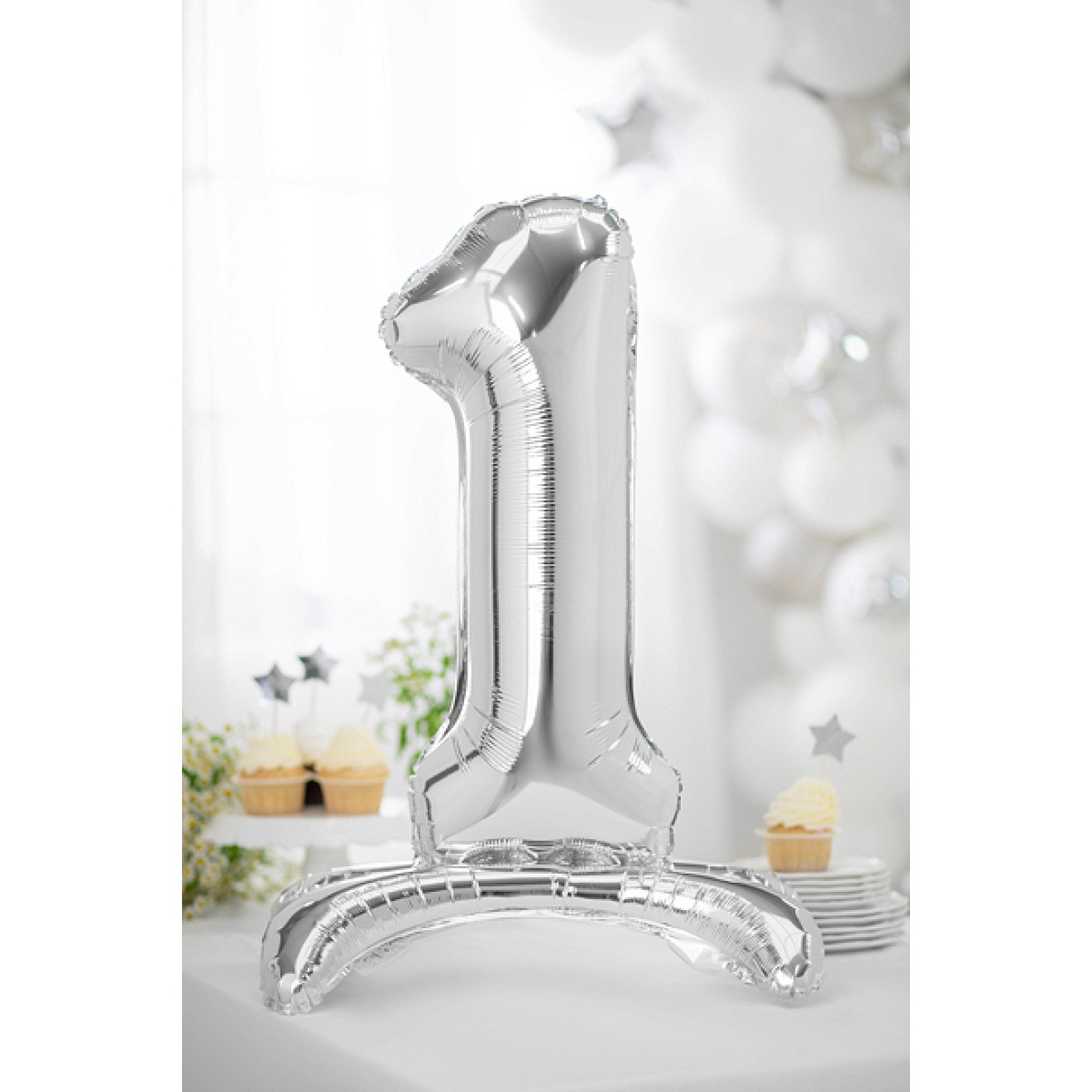 1 Ballon XXL mit Standfuß - Zahl 1 - Silber