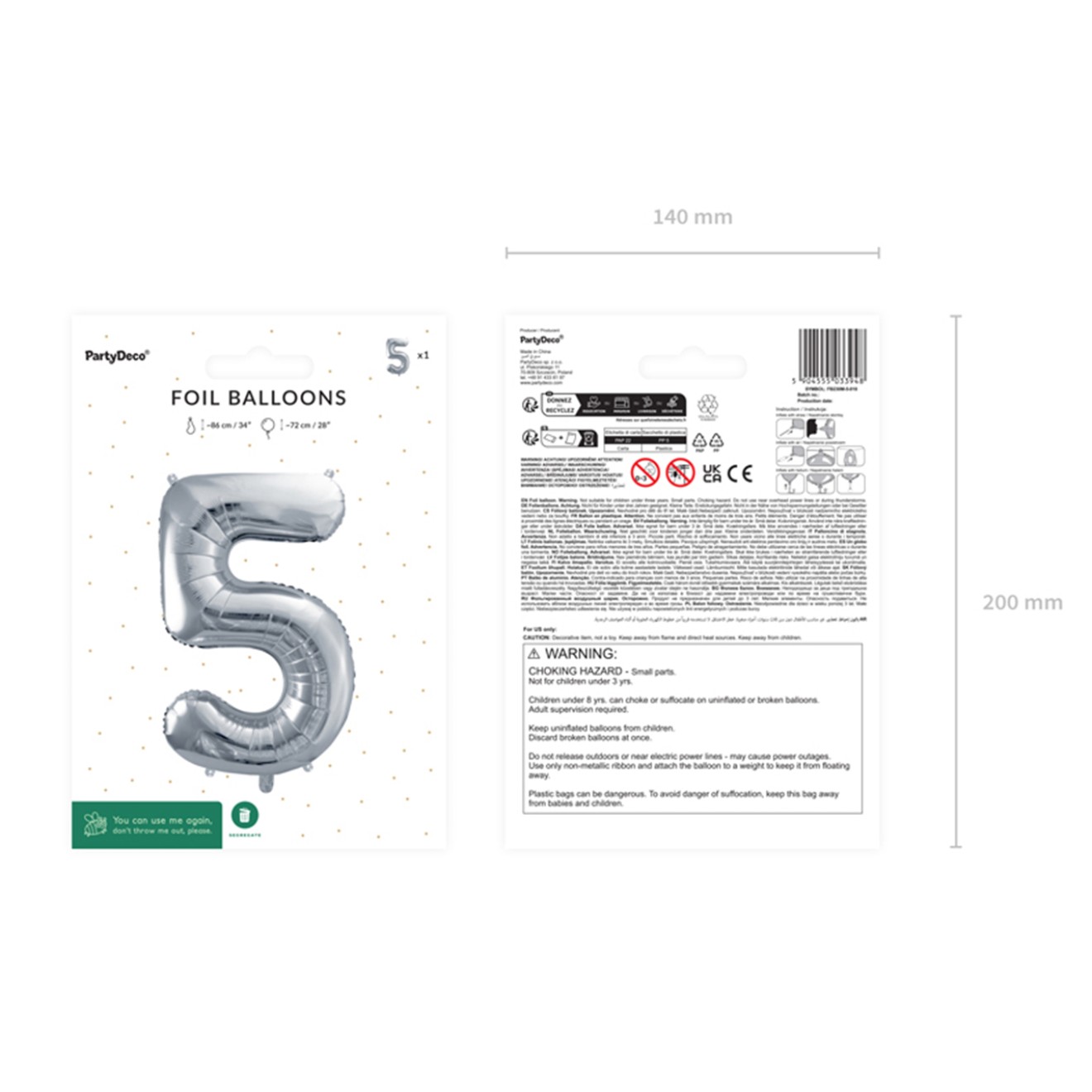 1 Balloon XL - Zahl 5 - Silber