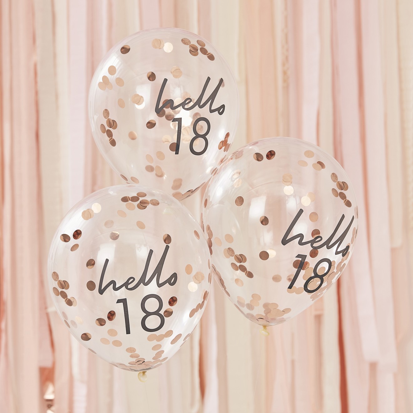 5 Rose Gold Confetti Filled 'Hello 18' Balloons
