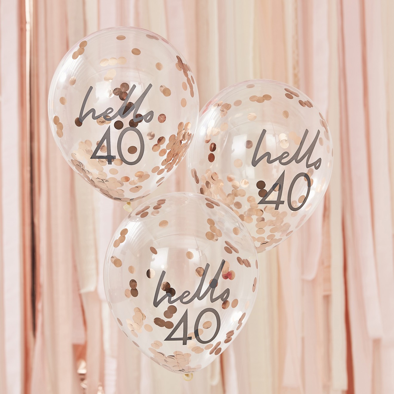 5 Rose Gold Confetti Filled 'Hello 40' Balloons