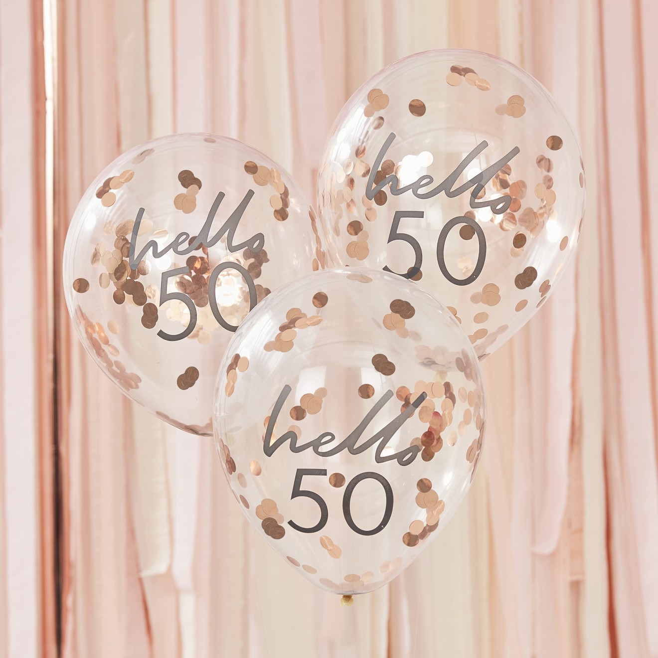5 Rose Gold Confetti Filled 'Hello 50' Balloons
