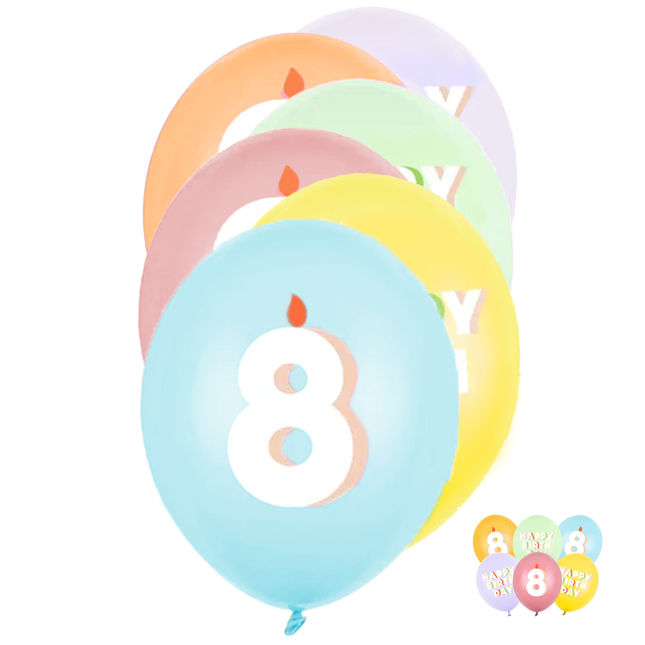 6 Motivballons - Ø 30 cm - Happy Birthday 8 - Mix