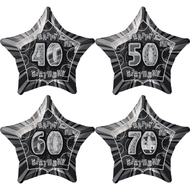 Folienballon Stern Schwarz Schillernd - Happy Birthday Freie Zahlwahl