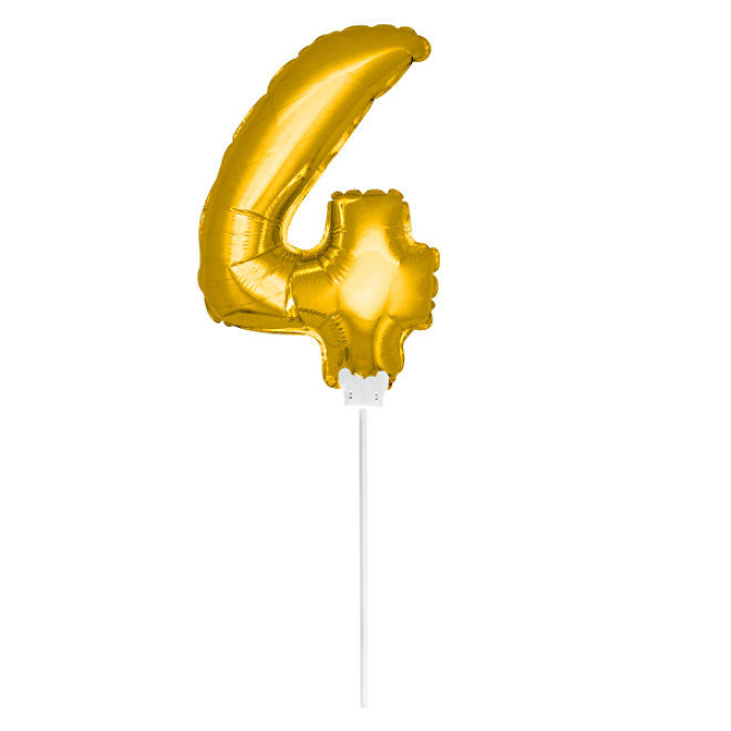 Folienballon Zahl - 4 - Gold 36 cm mit Haltestab