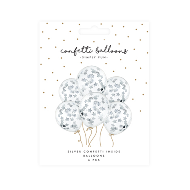 6 Konfettiballons - Ø 30cm - Stars - Silber