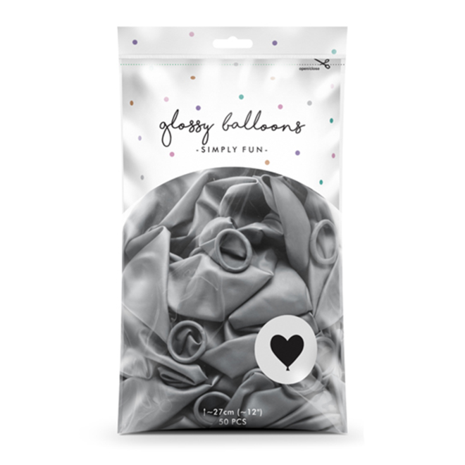 50 Herzballons - Ø 27cm - Glossy - Silber