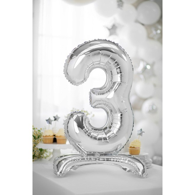 1 Ballon XXL mit Standfuß - Zahl 3 - Silber