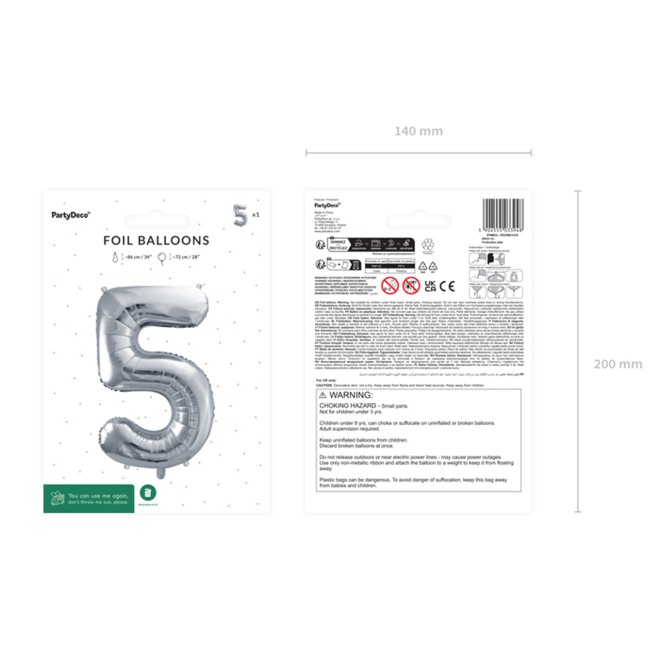 1 Balloon XL - Zahl 5 - Silber