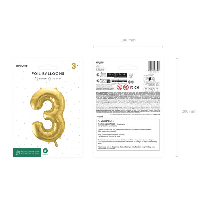 1 Balloon XL - Zahl 3 - Gold