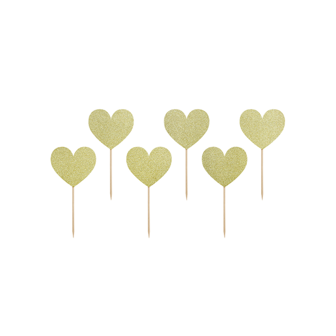 6 Cake Topper - Glitter Hearts Gold