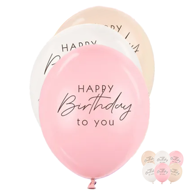 6 Motivballons - Ø 30 cm - Happy Birthday - Rosa Mix