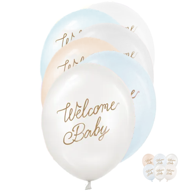 6 Motivballons - Ø 30 cm - Welcome Baby - Blau Mix