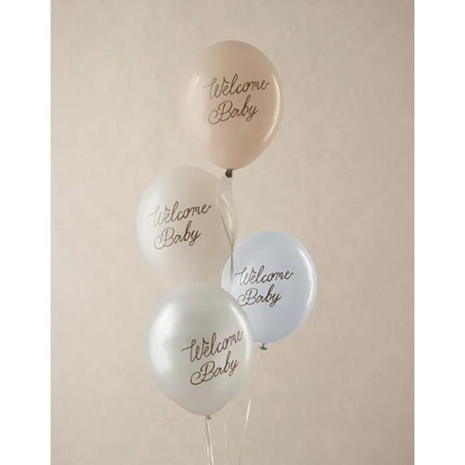 6 Motivballons - Ø 30 cm - Welcome Baby - Blau Mix