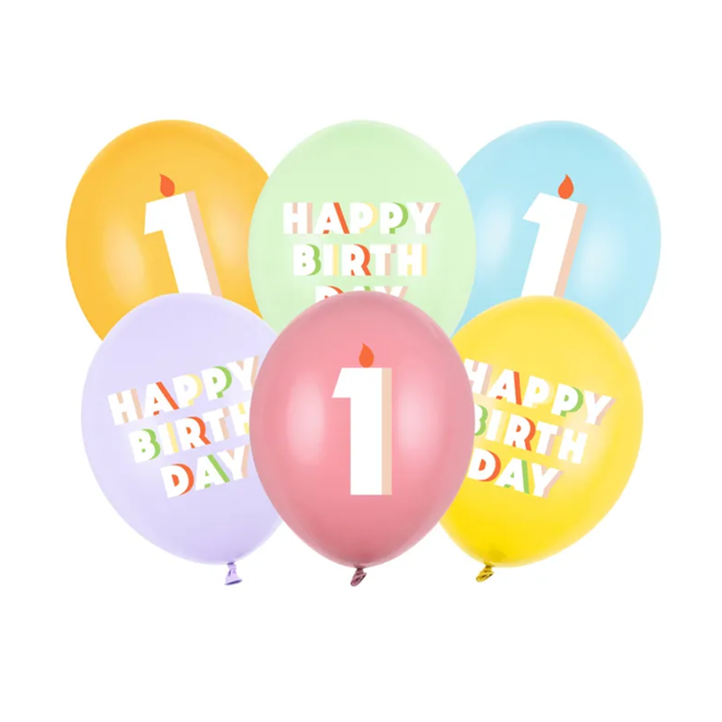 6 Motivballons - Ø 30 cm - Happy Birthday 1 - Mix
