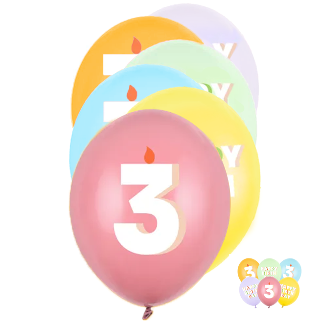 6 Motivballons - Ø 30 cm - Happy Birthday 3 - Mix