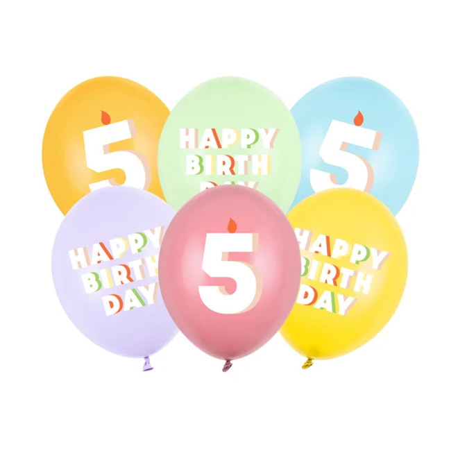 6 Motivballons - Ø 30 cm - Happy Birthday 5 - Mix