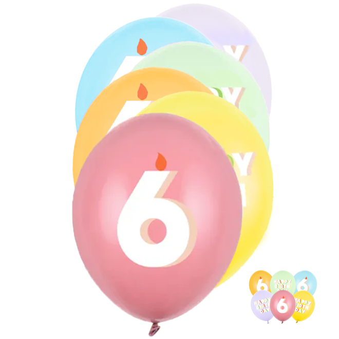 6 Motivballons - Ø 30 cm - Happy Birthday 6 - Mix