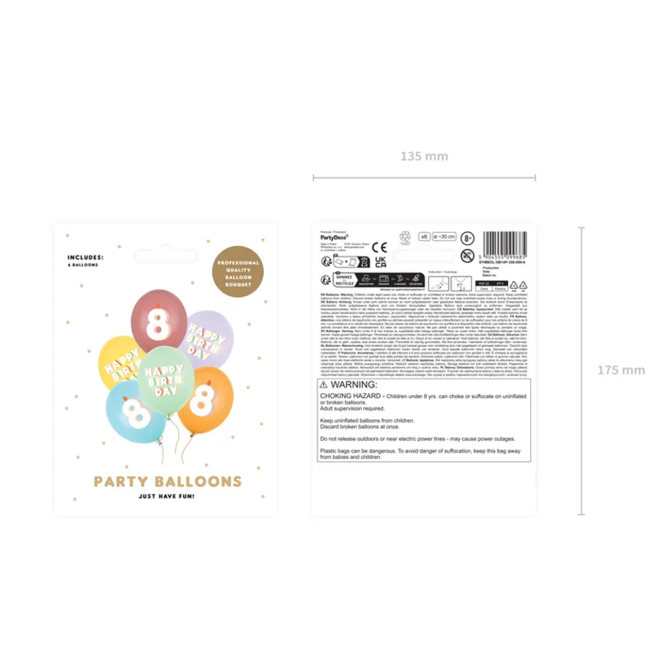 6 Motivballons - Ø 30 cm - Happy Birthday 8 - Mix