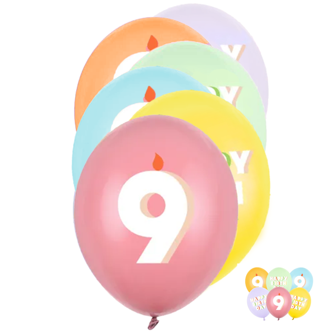 6 Motivballons - Ø 30 cm - Happy Birthday 9 - Mix