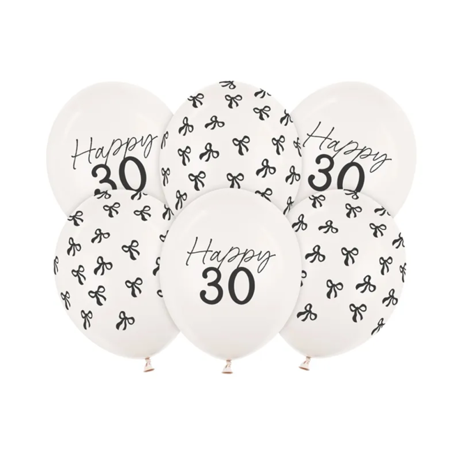 6 Motivballons - Ø 30 cm - Happy Birthday 30 - Pastell Off-White