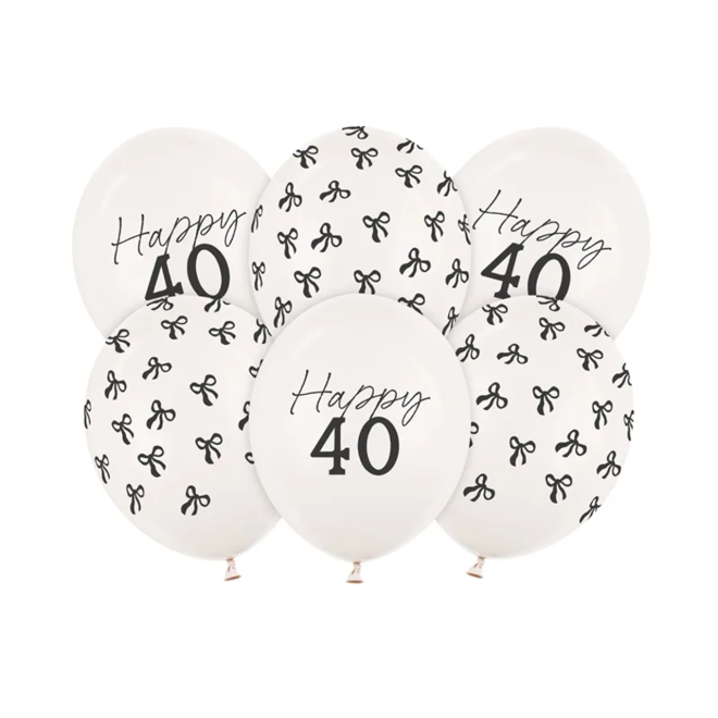 6 Motivballons - Ø 30 cm - Happy Birthday 40 - Pastell Off-White