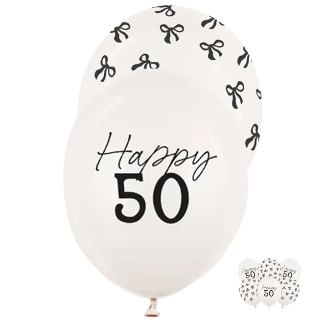 6 Motivballons - Ø 30 cm - Happy Birthday 50 - Pastell Off-White
