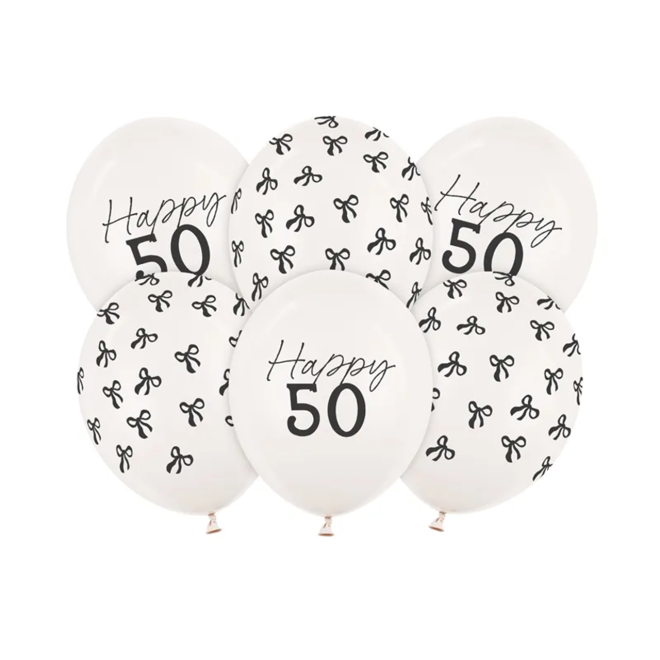 6 Motivballons - Ø 30 cm - Happy Birthday 50 - Pastell Off-White