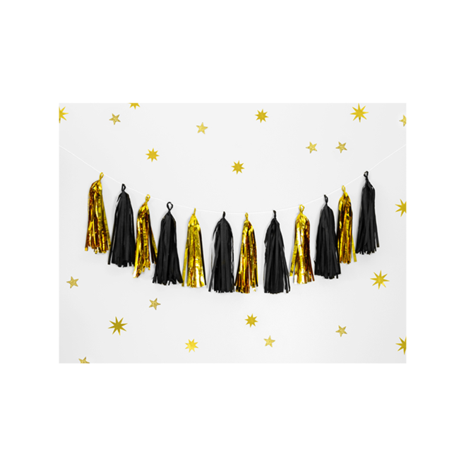 1 Tasselgirlande - 1,5m - Gold & Schwarz