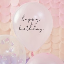 5 Balloon Bundle - Shell Confetti and Happy Birthday Printed Chrome Balloons with Tissue Tassel Tail