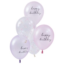 5 Balloon Bundle - Shell Confetti and Happy Birthday Printed Chrome Balloons with Tissue Tassel Tail