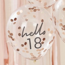 5 Rose Gold Confetti Filled `Hello 18` Balloons