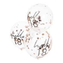 5 Rose Gold Confetti Filled `Hello 18` Balloons