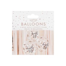 5 Rose Gold Confetti Filled `Hello 18` Balloons