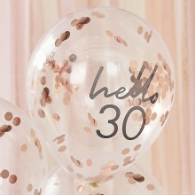 5 Rose Gold Confetti Filled `Hello 30` Balloons