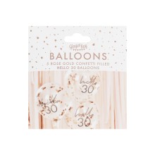 5 Rose Gold Confetti Filled `Hello 30` Balloons