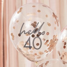 5 Rose Gold Confetti Filled `Hello 40` Balloons