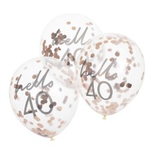 5 Rose Gold Confetti Filled `Hello 40` Balloons