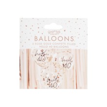 5 Rose Gold Confetti Filled `Hello 40` Balloons