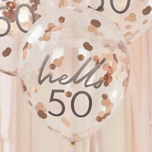 5 Rose Gold Confetti Filled `Hello 50` Balloons