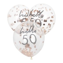 5 Rose Gold Confetti Filled `Hello 50` Balloons