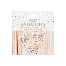 5 Rose Gold Confetti Filled `Hello 50` Balloons