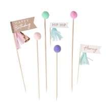 7 Cake Topper - Happy Birthday Pom Poms and Flags - Pastel -Foiled