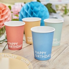 8 Eco Paper Cups - Happy Birthday - Mixed Colours