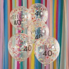 5 Hello 40 Milestone Balloons - Brights