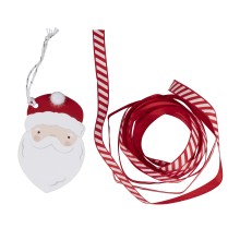 9 Gift Tags & Ribbon - Santa Face with Pom Pom Hat - Red and White Ribbon