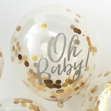 5 Balloons - 12" Confetti - Gold - Oh Baby!