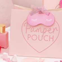 5 Pink Glitter Pamper Pouch with Eye Mask Shaped Tag and Pink Ribbon