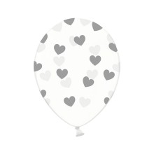 6 Motivballons Clear - Ø 30cm - Hearts - Silber